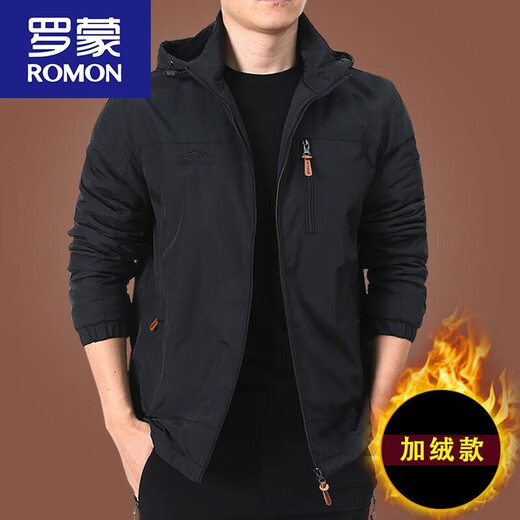 罗蒙（ROMON）冲锋.衣外套男春秋男款户外美式防风防风衣男装男士秋装运动夹克 黑色9898 加 绒款 M