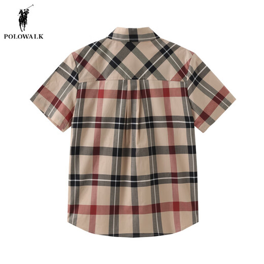 POLOWALK store same style children's clothing 2024 new summer boys' short-sleeved shirt plaid lapel top khaki 120 cm