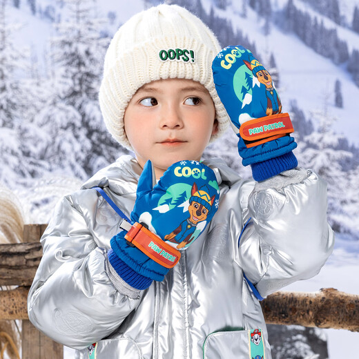 Paw Paw Team makes great contributions to children's gloves thickened ski warm gloves for boys and girls cartoon cute plus velvet playing snow gloves blue