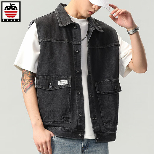 
AEMAPE Apple denim vest men's jacket European and American trendy spring large pocket sleeveless tops fashion brand vest horse clip 9215# black 5XL (recommended 230 250Jin [Jin equals 0.5 kg])