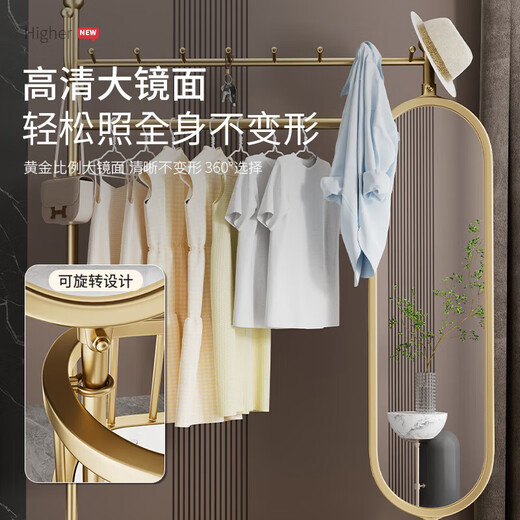 DSRAWMYT衣帽架 落地卧室多功能晾衣服带镜子移动加粗穿衣镜挂衣架一体