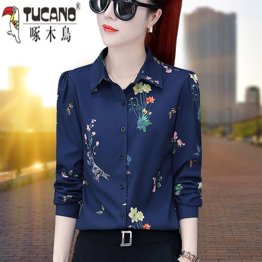 酷章（KUZHANG）鸟碎花衬衫女长袖2024春秋新款洋气印花雪纺衬衣中年妈m妈打底衫 3519 大红 S  (建议84-95斤)