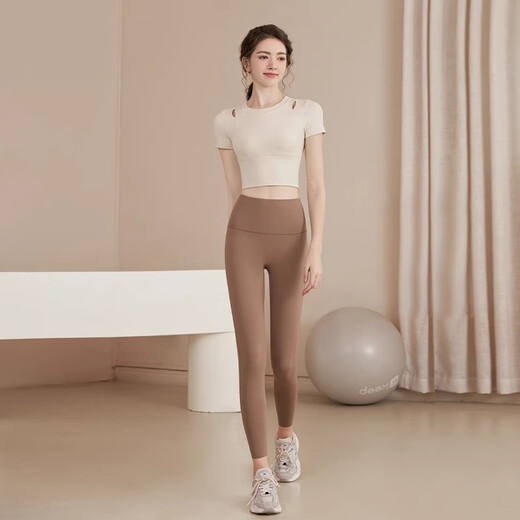 LULUUVTTOH Yoga Wear Short Sleeve Suit Women's Summer Running Sports Top Women's Fixed Cup Outer Wear Slimming Pilates Fitness Wear Gray Brown Pants L