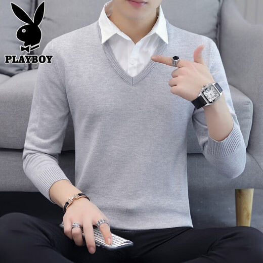 Playboy (PLAYBOY) sweater men's Korean version slim fit 2021 autumn fake two-piece trendy bottoming sweater men's long-sleeved top light gray XL