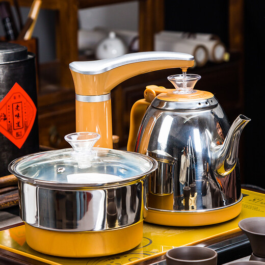 Porcelain brand tea set, tea set, tea tray, induction cooker, kettle, integrated table, automatic water kettle, tea table, tea table set, 34 pieces Konggu Orchid + Bajun tea set