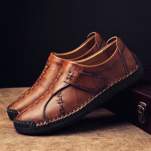 
Western Region Camel Size Brand 2023 Men's Leather Shoes Men's Autumn New Genuine Leather Bean Shoes Large Size 9912 Red Brown 42