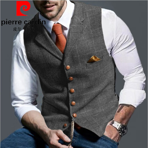 皮尔卡丹（pierre cardin）英伦复古西装马甲男粗花呢修身商务正装马夹伴郎团结婚礼服针织 无领黄色 2XL