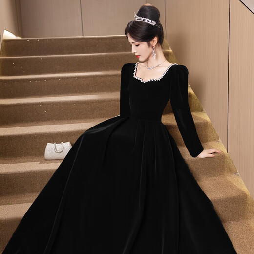 Li Baixin's new black large size evening dress annual meeting art exam velvet slimming high-end host vocal art exam dress winter black long sleeve M