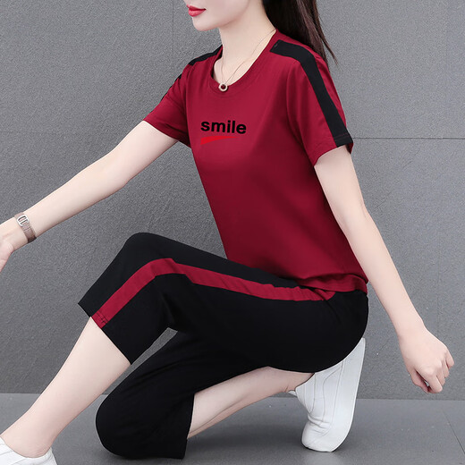 啄木鸟（TUCANO）棉短袖七分裤套装女夏季2025新款中年妈妈洋气休闲运动服两件套 卡其(长套装)WK695 M (推荐80-95斤)