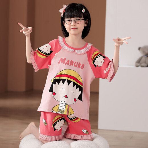 曼妮朵夏季儿童库洛米睡衣薄款卡通套装小女孩纯棉短袖女大童家居服全棉 M6636女【双短】 130cm 14码建议125-135cm