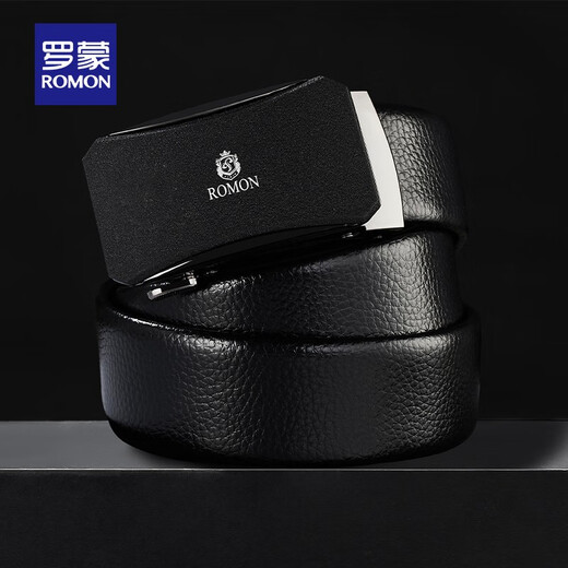 ROMON Men's Genuine Leather Belt New Business Casual Versatile Young and Middle-aged Automatic Snap Belt Black 120cm