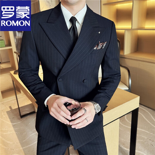 ROMON autumn and winter thickened peaked lapel double-breasted suit suit men's fashionable wedding groom's dress striped formal three-piece suit black (single-piece suit) L