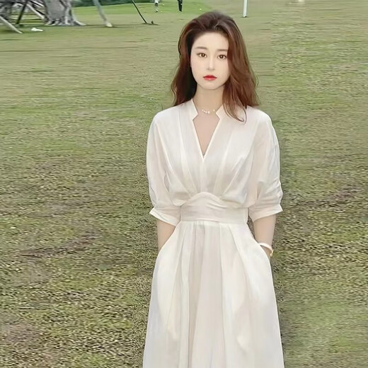 
Manyi French white waist-hugging temperament dress for women 2025 new summer and autumn V-neck tea break long high-end fairy skirt French white shirt dress L