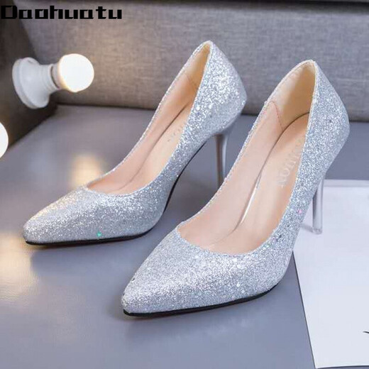 Daohuatu size 35-45 large size high-heeled shoes 44 sequined single shoes retro men's transvestite shoes 43 stiletto heel big-foot women's shoes 42 silver 10 cm 43