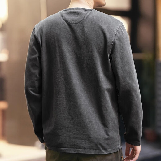 Chaotishi high-end retro long-sleeved t-shirt for men in autumn loose large size pure cotton tough guy casual Henry collar bottoming shirt top mocha brown L 130-145Jin Jin is equal to 0.5 kg