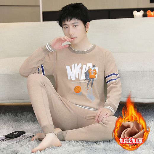 柏乐迪男孩保暖内衣套装初中学生加绒加厚棉毛衫青少年大童冬季秋衣秋裤 683卡其（上衣+裤子）加绒加厚 180 3XL 135-150斤左右