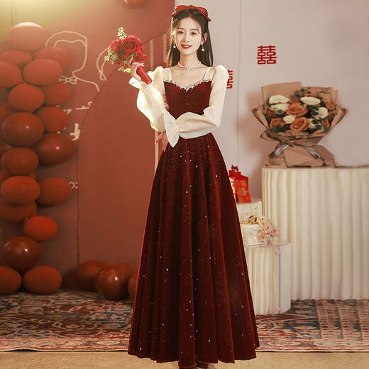Flashing girl toast dress bride petite burgundy can usually wear gauze sleeves engagement dress out of the pavilion banquet home dress for women burgundy long sleeves long style M