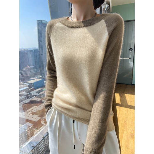 牧什秋冬山羊绒衫女士圆领羊绒毛衣女撞色拼接针织打底衫23新款JD1047 青绒色 XL