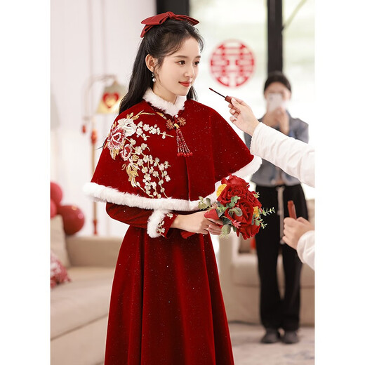 Lanka Roni winter toast dress bride thick 2025 new Chinese style cheongsam burgundy wedding dress women's high-end long-sleeved burgundy GS764 shawl long L (recommended 106-115 Jin Jin equals 0.5 kg)