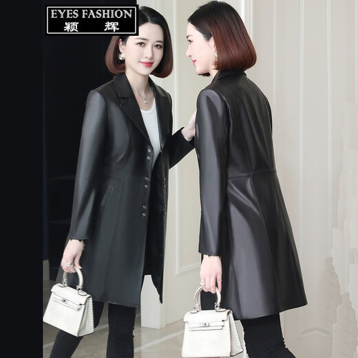 Yinghui genuine leather coat for women Haining sheepskin mid-length coat for women slim long windbreaker spring and autumn new style long coat black 3XL version small 118-128 Jin Jin equals 0.5 kg optional