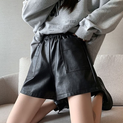 Lanqi shorts women's outer leather pants spring and autumn black hot pants 2025 new style with boots boot pants high waist versatile black vertical purse leather shorts L 100-120 Jin Jin equals 0.5 kg