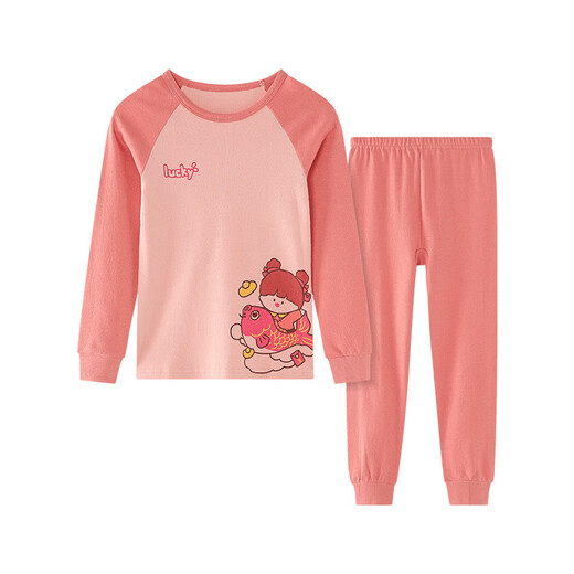 Rote Bohnenkinder reine Baumwoll -Herbst -Kleidung und Herbsthosenanzug Männer und Frauen mittlere und große Kinder Herbst und Winter niedrig runde Hals Thermal Unterwäsche Klasse A Baumwollpullover -Abdeckung H4m1048 Tiefes Pulver 165