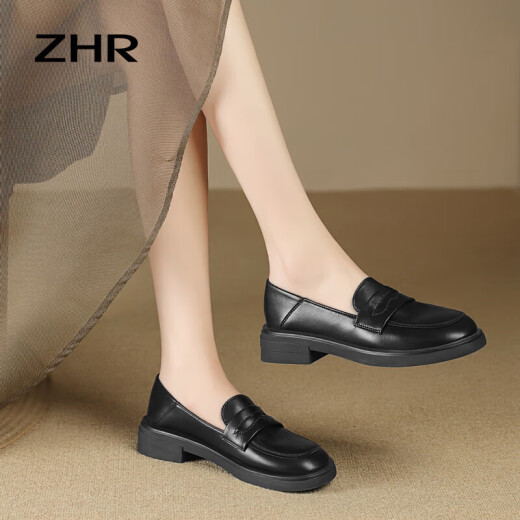 ZHR single shoes for women British style small leather shoes women's comfortable and breathable women's shoes flat loafers AH363 black 37