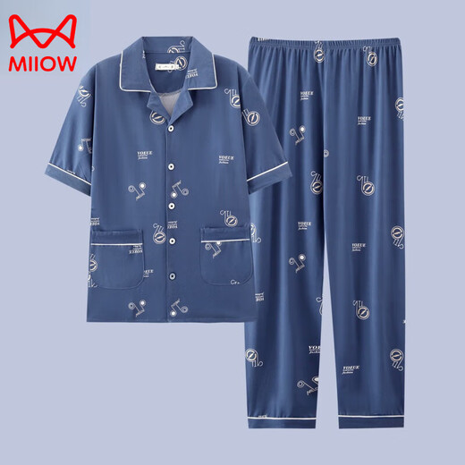 Catman's new men's pajamas short-sleeved Xinjiang cotton summer men's trousers teenagers can wear home clothes suit G3884 blue-short-sleeved trousers L recommended 100-120Jin Jin equals 0.5 kg