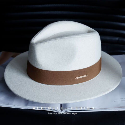 ALBINELE French new autumn and winter white wool topper hat for men and women black big head flat ridge felt hat versatile camel pure black regular code M (55-57.5cm) adjustable