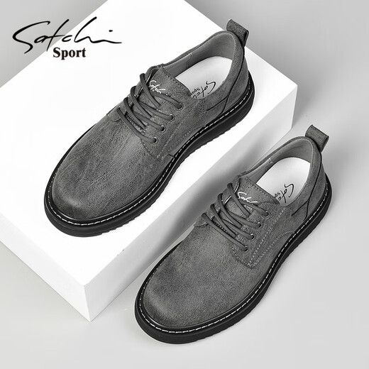 SATCHI men's shoes autumn and winter new business casual shoes fashionable British sneakers men's low-cut lace-up shoes for men gray 40 (250mm) leather shoe size