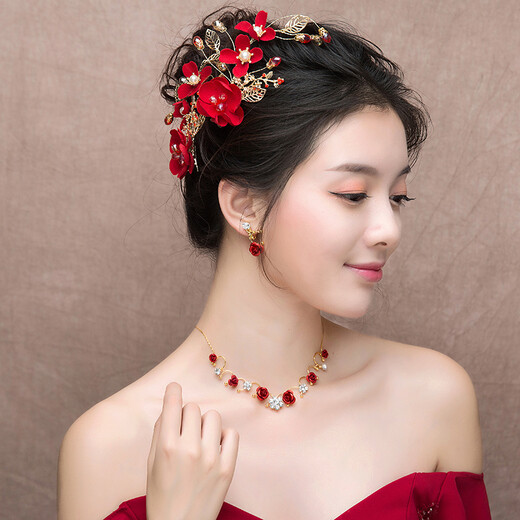 Baoxiayue Bridal Headwear 2025 Super Fairy Red Toast Clothes Hair Accessories Hairpin Wedding Dress Wedding Three-piece Set Pair of Side Clips