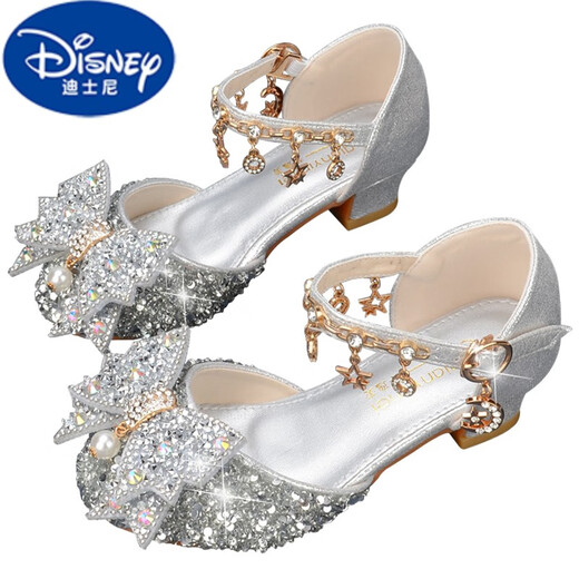 Disney (DISNEY) girls silver princess shoes bag toe bow little girl crystal shoes rhinestone soft sole dress skirt children's high heels silver 9921-7 small heel 32 / shoe length 20cm