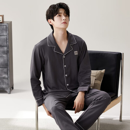 Catman pajamas men's pure cotton spring and autumn thin long sleeve solid color large-size autumn and winter style can be worn outside home clothing suit full cotton M12213 L (recommended weight 100-130 Jin [Jin equals 0.5 kg])