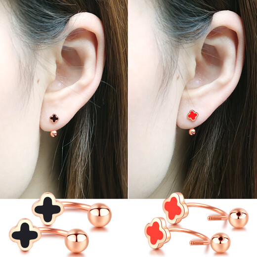 Zhongxin Jewelry Four-leaf Clover Color Gold Earrings Women's 18k Gold Twist Screw Hook Earrings Small 750 Rose Gold Ear Hook Ear Buckle Double Ear Hole Red Four-leaf Clover Hook Earrings (Single Edition)