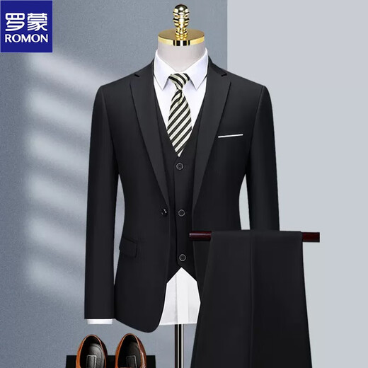 Luo Meng suit men's anti-wrinkle, iron-free and slim-fit men's business casual wedding formal wear three-piece suit top, one-button black suit + vest + shirt + gift bag 2XL 180 (140-150Jin Jin equals 0.5 kg to wear)