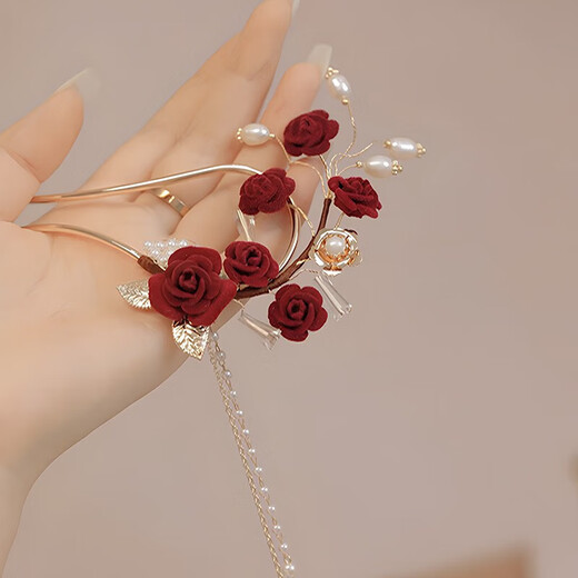 Half red rose tassel hairpin, high-end U-shaped hairpin for women, ancient style cheongsam, bride toasting dress, headdress, red rose tassel hairpin, gold