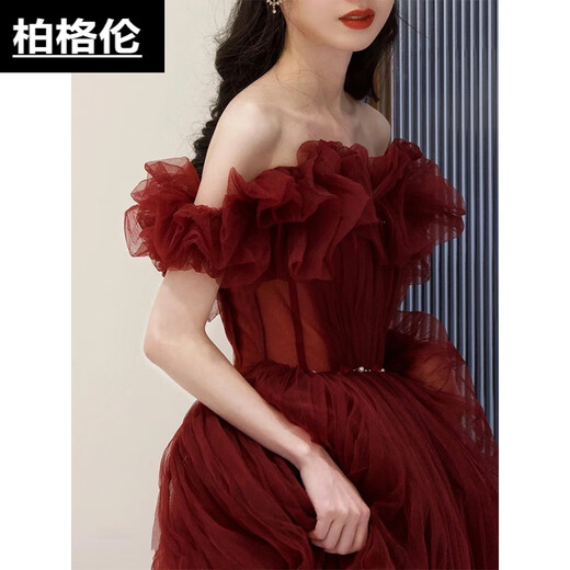 Berggren one-shoulder burgundy toast dress bride's French fluffy gauze coming-of-age ceremony banquet host performance evening dress for women burgundy XXS