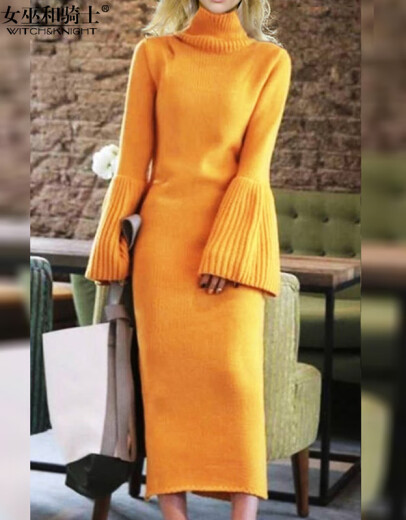 Witch and Knight Original Designer Women's Brand Turtleneck Sweater Dress Women's Mid-Length Autumn New Style Bell Sleeves Fashionable Slim Goddess Style Yellow S