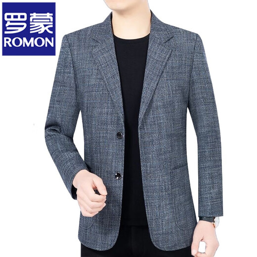 罗蒙（ROMON）春装新款中年男士西装外套爸爸装格子休闲春秋格子西服上衣服男 611灰蓝 175/L【建议120-135斤】