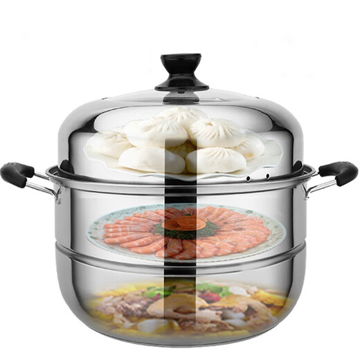 Yingrong steamer stainless steel multi-layer thickened steamer 3-layer steam grid soup pot double-layer gas induction cooker steamer 32cm three-layer thickened