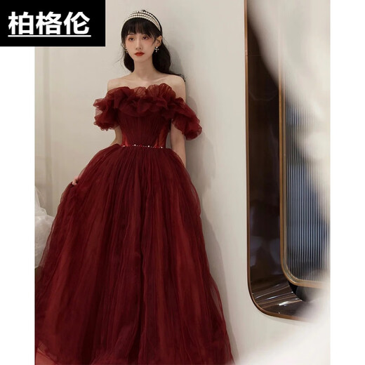 Berggren one-shoulder burgundy toast dress bride's French fluffy gauze coming-of-age ceremony banquet host performance evening dress for women burgundy XXS