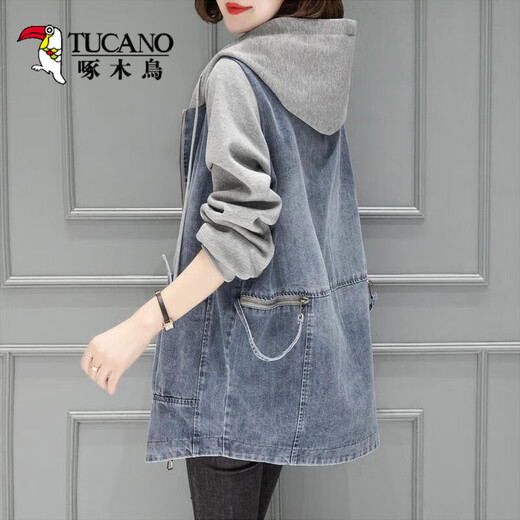 Woodpecker denim jacket women's short 2025 spring and autumn new Korean loose hooded casual baseball uniform top 9887 models L 112-123Jin [Jin equals 0.5 kg]