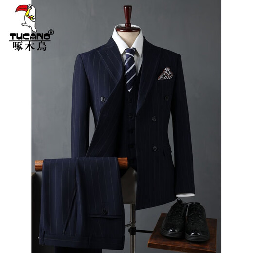 Woodpecker (TUCANO) Men's Suit Casual Business Formal Wear Groomsmen's Wear Groom's Wedding Double-breasted Striped Suit Jacket Men's Black (suit + trousers) 52/XL (125-135Jin Jin equals 0.5kg)