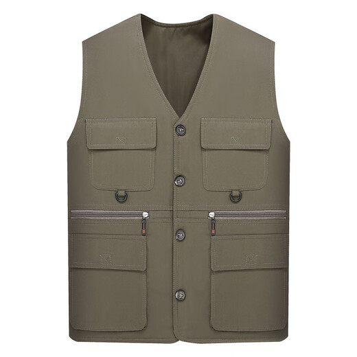 Changluzhu Printemps et Automne Célibataires Nouveau Style Gilets et Multi-Poches pour Hommes d'âge Moyen et Vieux Papa Pêche Décontractée Grande Taille Gilet Top Poche pour Téléphones Mobiles Kaki Taille Unique Taille Moyenne 140-155Jin Jin est égal à 0,5 kg 200