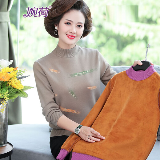 Wanhe middle-aged mother winter clothing velvet bottoming sweater for middle-aged and elderly women thickened warm half turtleneck sweater long-sleeved