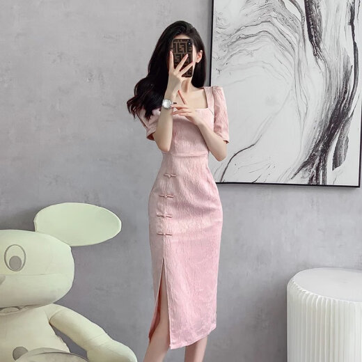 Lcxmnd 2023 summer new style retro temperament gentle girl young improved cheongsam dress high-end goddess style dress leather pink [tea break French dress 2023 women's new L