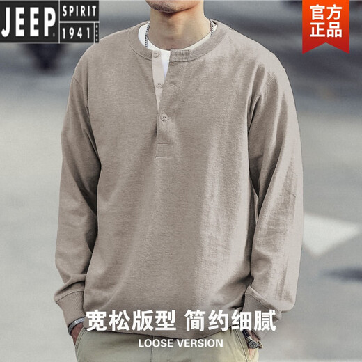 JEEP SPIRIT American Retro Henley Long Sleeve T-Shirt Men's Khaki Retro Old Loom Tube Woven Henley Collar T-Shirt Men's Sand Gray + CPH28 The quality is higher than that of its peers 2XL Fast Delivery