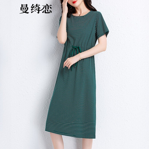 曼绮恋短袖条纹t恤女2022新款夏季中长款过膝纯棉连衣裙宽松显瘦百搭系带T恤裙子潮 藏青条纹6627 L