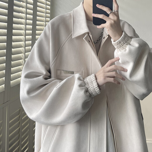 OEMG suede jacket men's spring, autumn and summer American retro handsome trendy brand youth loose lapel couple jacket apricot XL recommended 135-150Jin Jin equals 0.5 kg