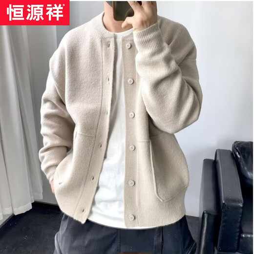 恒源祥羊毛衫开衫男春秋款港风针织衫圆领茄克宽松加厚羊狨毛衣外套线衣 黑色 XXL